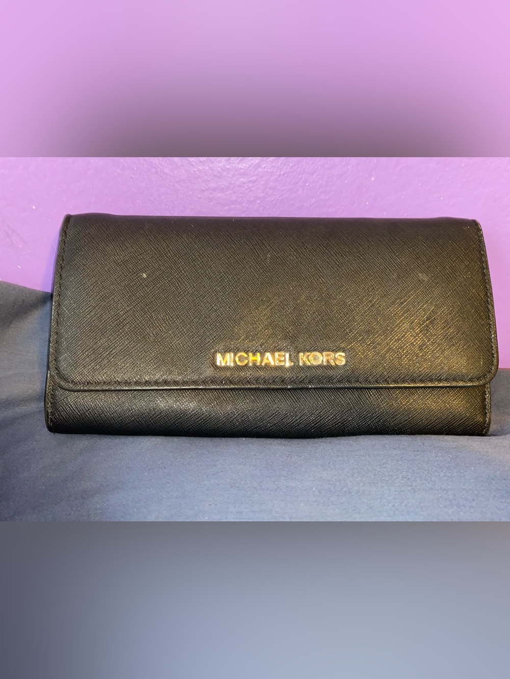 Michael Kors Black Saffiano Fold-Over Wallet with Gold Logo